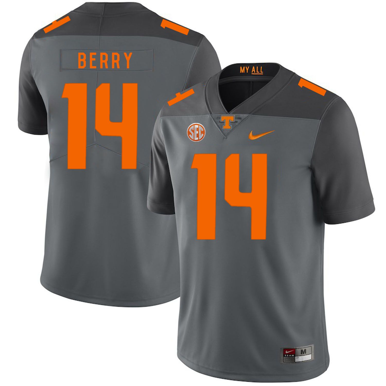 Men Tennessee Volunteers #14 Berry Grey Customized NCAA Jerseys->customized ncaa jersey->Custom Jersey